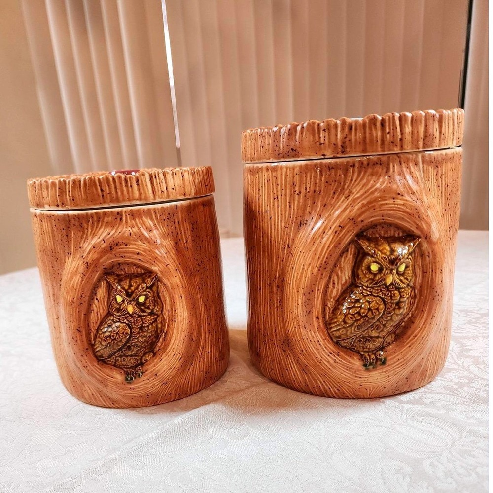 Vintage Treasure Craft Woodsy Owl Ceramic Canister Set Coffee Sugar Tree Bark